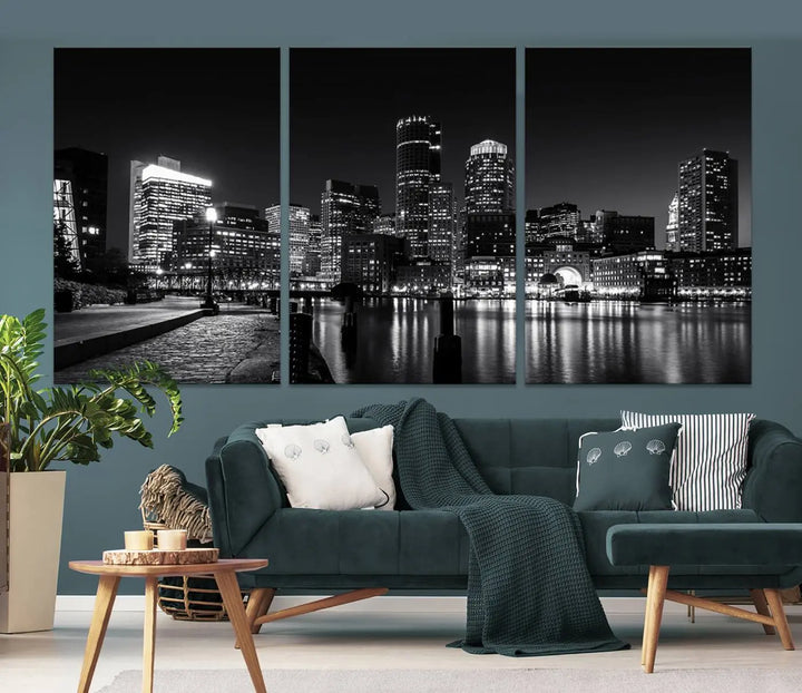 The living room showcases the Boston City Lights Skyline Black and White Wall Art Canvas Print.