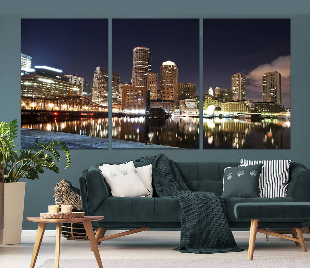 The Boston City Lights Skyline Cityscape View Wall Art Canvas Print showcases a nighttime cityscape on museum-quality canvas.