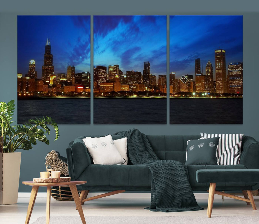 Chicago City Lights Night Blue Wall Art Canvas Print 