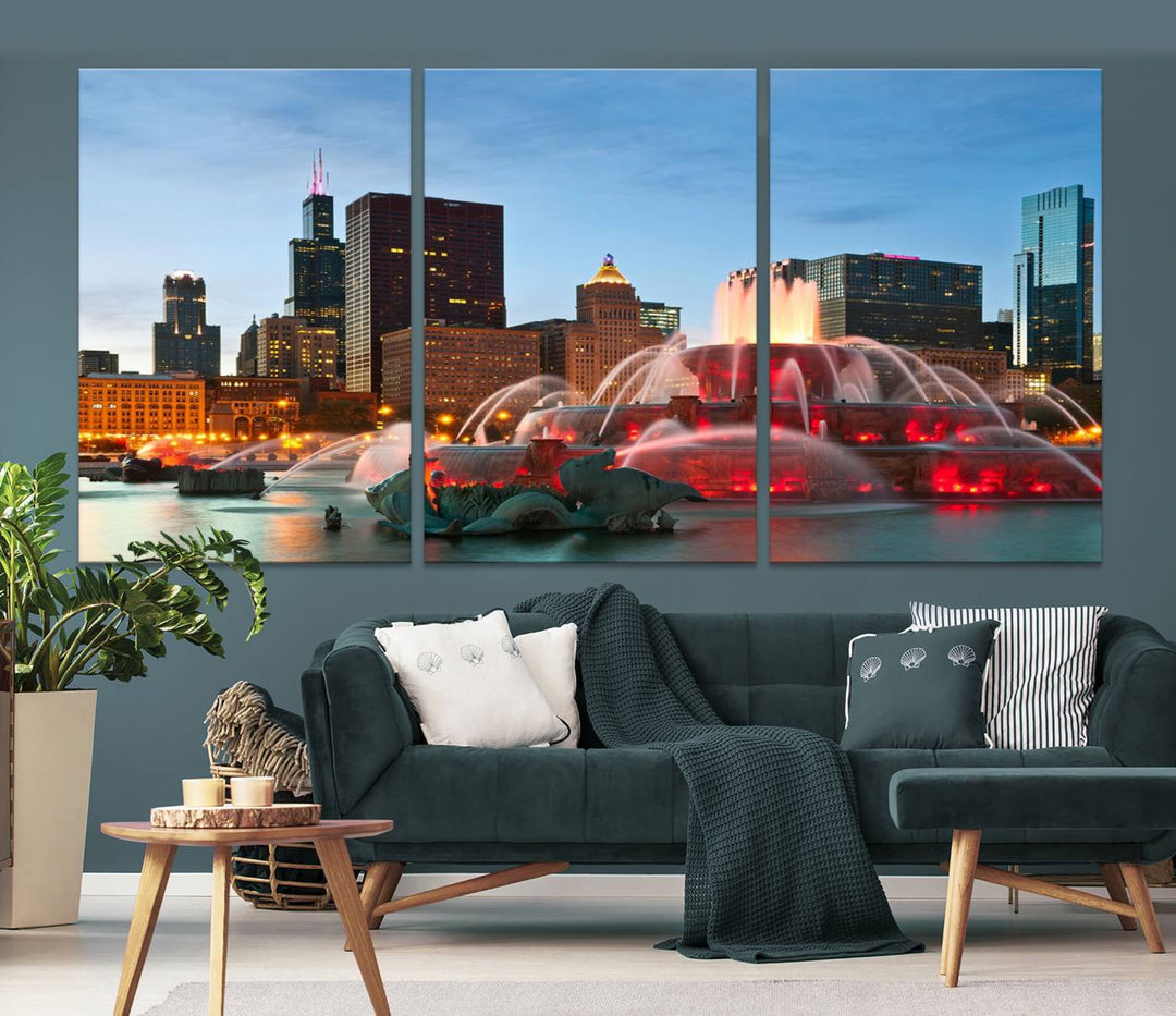 Chicago City Lights Night Skyline Cityscape View Wall Art Canvas Print