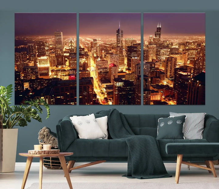 A large artwork showcasing the Chicago Night Skyline cityscape is elegantly displayed on a gallery-wrapped, museum-quality canvas.