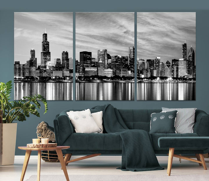 Chicago City Cloudy Skyline Black and White Wall Art Cityscape Canvas Print