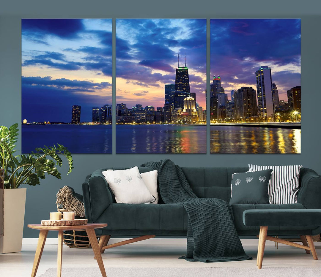 Chicago City Lights Nuit Nuageux Bleu Skyline Cityscape View Wall Art Impression sur toile