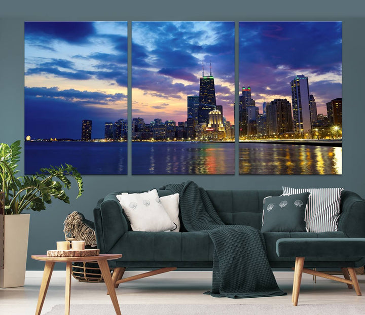 Chicago City Lights Night Cloudy Blue Skyline Cityscape View Wall Art Canvas Print