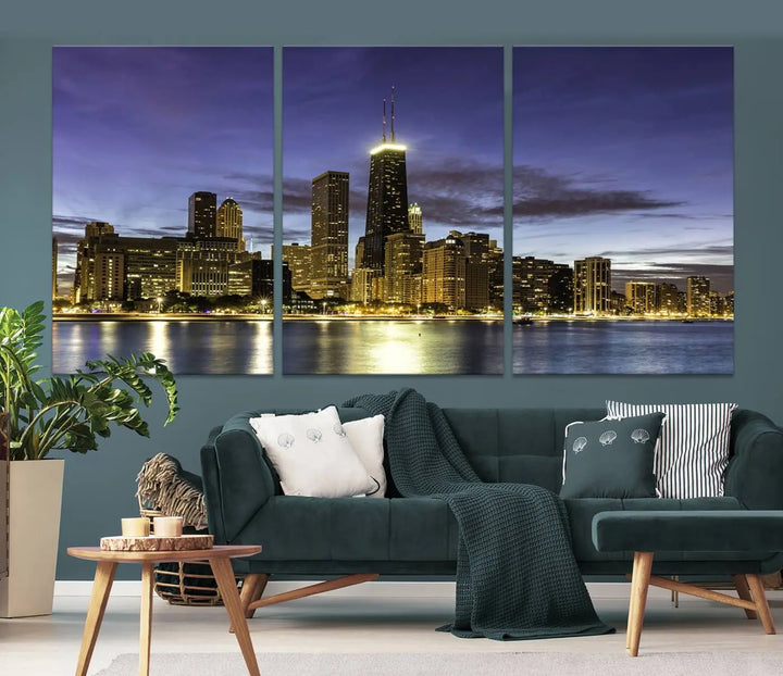 Chicago Night Skyline Cityscape Canvas Picture Print is a stunning three-panel wall art piece, perfect for adding sophistication to any setting. Crafted by professional artisans, this artwork features museum-quality canvases designed to enhance your space. Enjoy free shipping with your purchase.