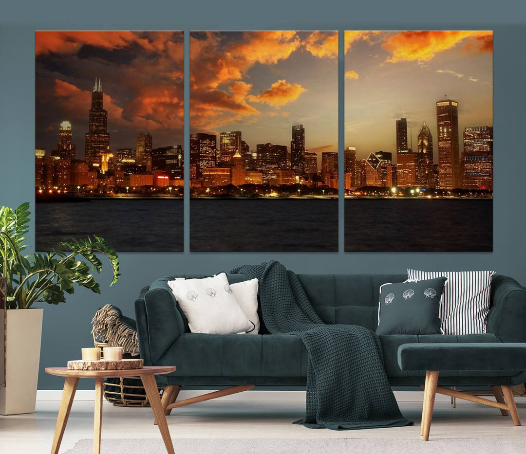 Chicago City Lights Coucher de soleil Orange Nuageux Skyline Paysage urbain Vue Art mural Impression sur toile