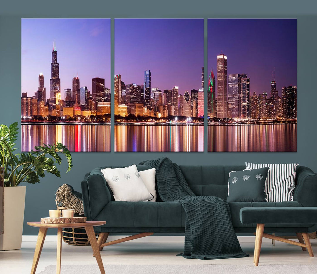 Chicago City Lights Night Purple Skyline Cityscape View Wall Art Canvas Print