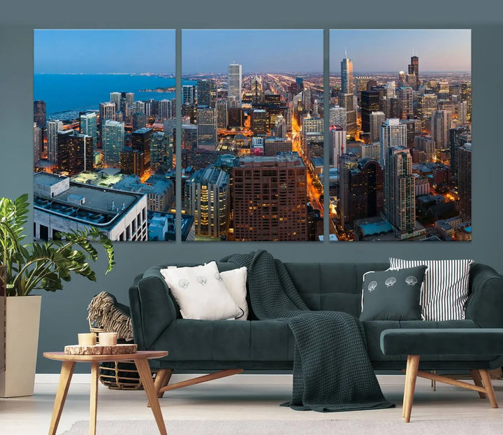 Product Name: Chicago Night Skyline Wall Art City Cityscape

Artwork Description: This artwork is a triptych depicting the Chicago city skyline at night. Created on museum-quality canvas with a UV-protective coating, it comes ready to hang and seamlessly enhances any space.