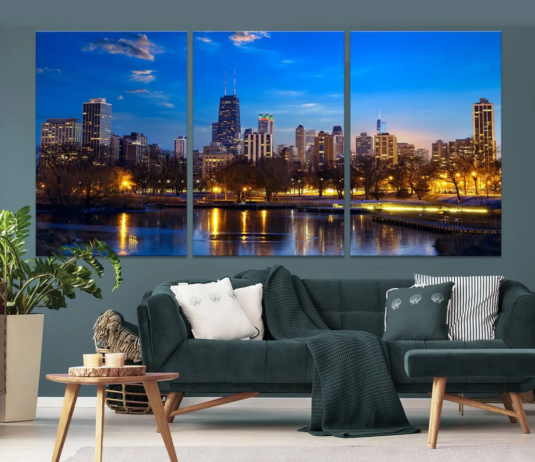 A triptych photo titled "Chicago City Lights Night Blue Skyline Cityscape View Wall Art Canvas Print" is elegantly displayed on gallery-wrapped, museum-quality canvases.