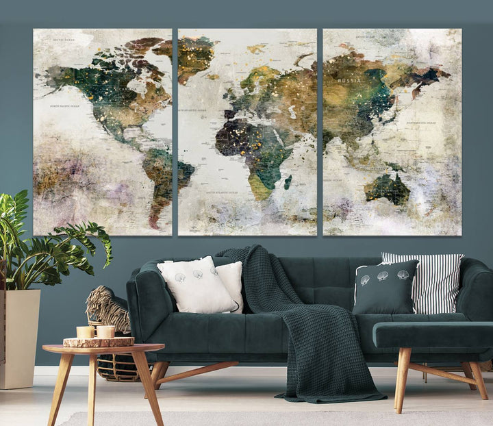 Carte du monde, impression d'art mural, carte sur toile, ensemble mural de 3 panneaux, cadeau, carte de voyage