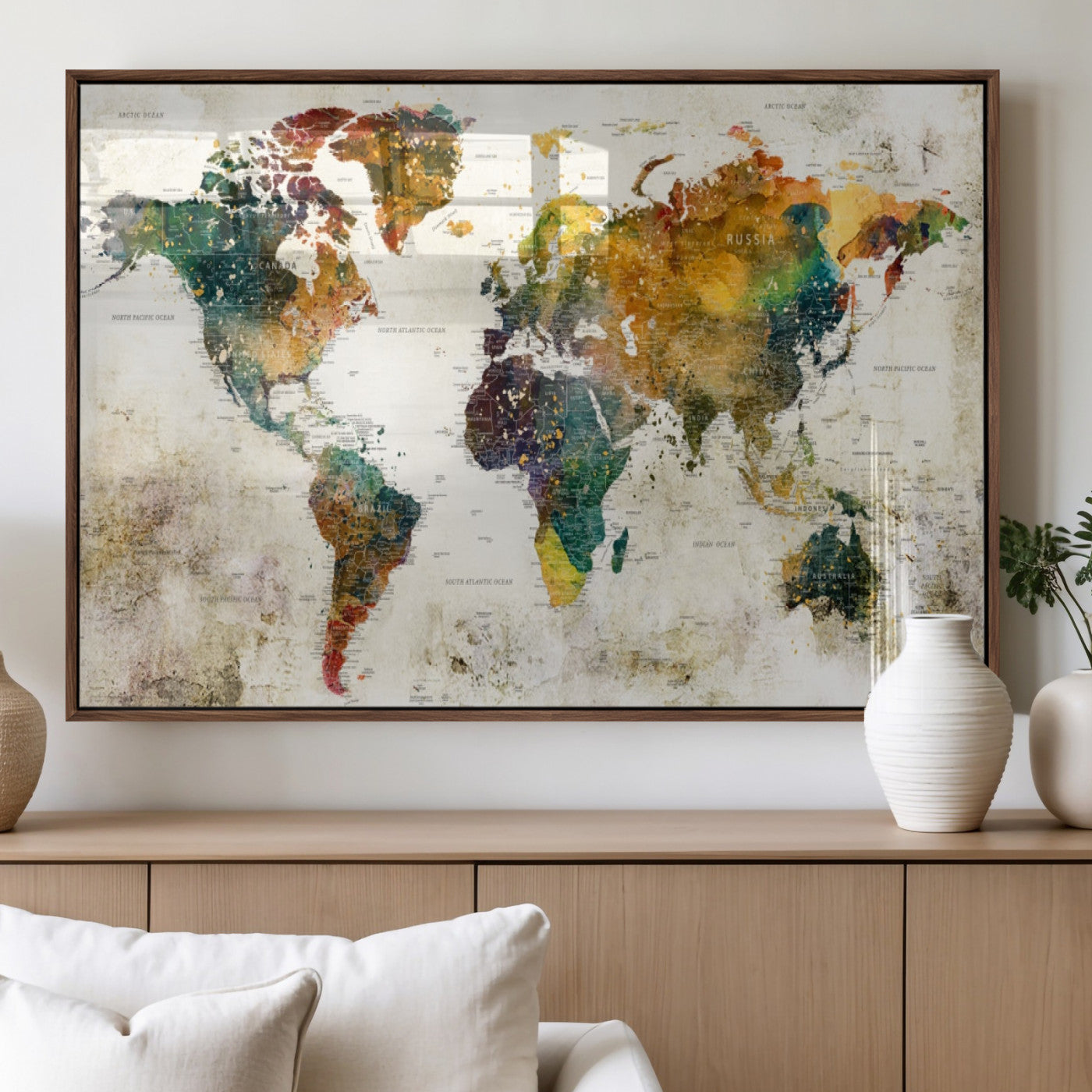 MGV-FP-36X24-3P - Push Pin World Map Canvas Print – Framed Wall Art for Couples to Track Their Travels – Anniversary