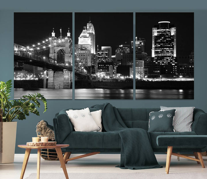 The Cincinnati City Skyline Black and White Wall Art Cityscape Canvas Print is prominently displayed.