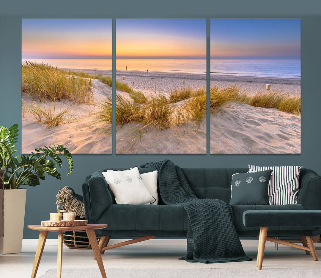 The "Sunset Silence on the Beach" wall art canvas print features a serene beach scene at sunset on museum-quality canvas with a UV-protective coating.