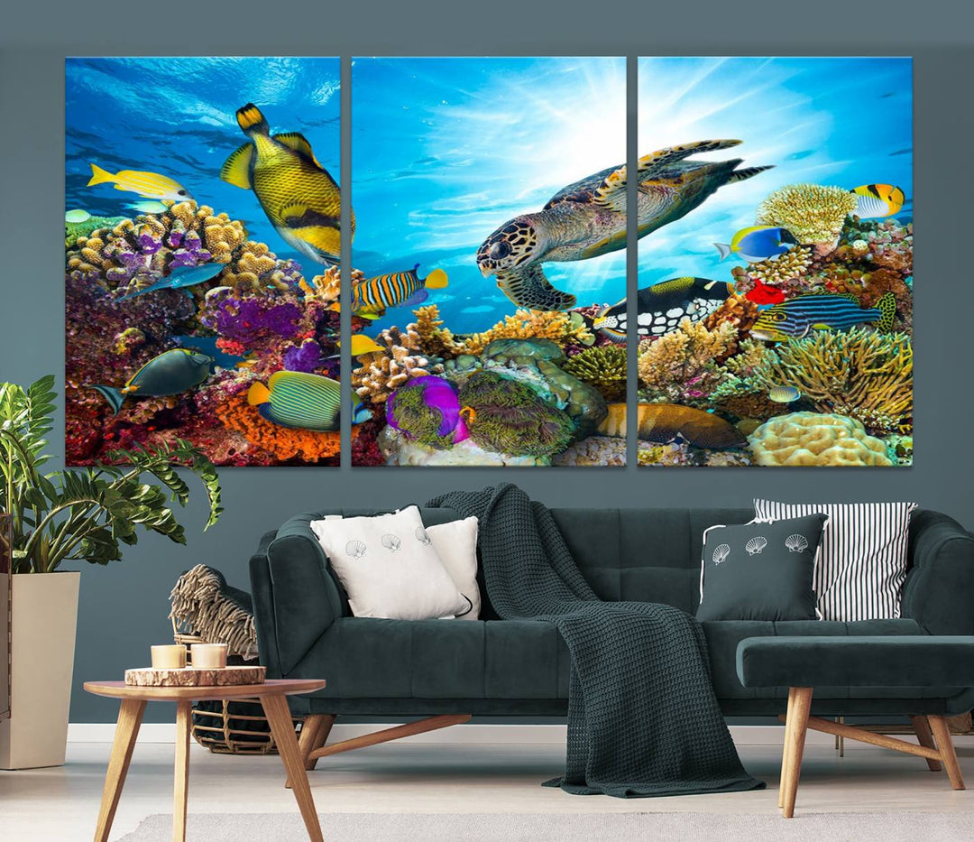 The Aquatic Life Sea Turtles Fish Wall Art Canvas Print is a triptych of vibrant underwater scenes featuring a sea turtle, various fish, and colorful coral. Crafted on museum-quality canvas, this handcrafted masterpiece brings the ocean to life in any space.