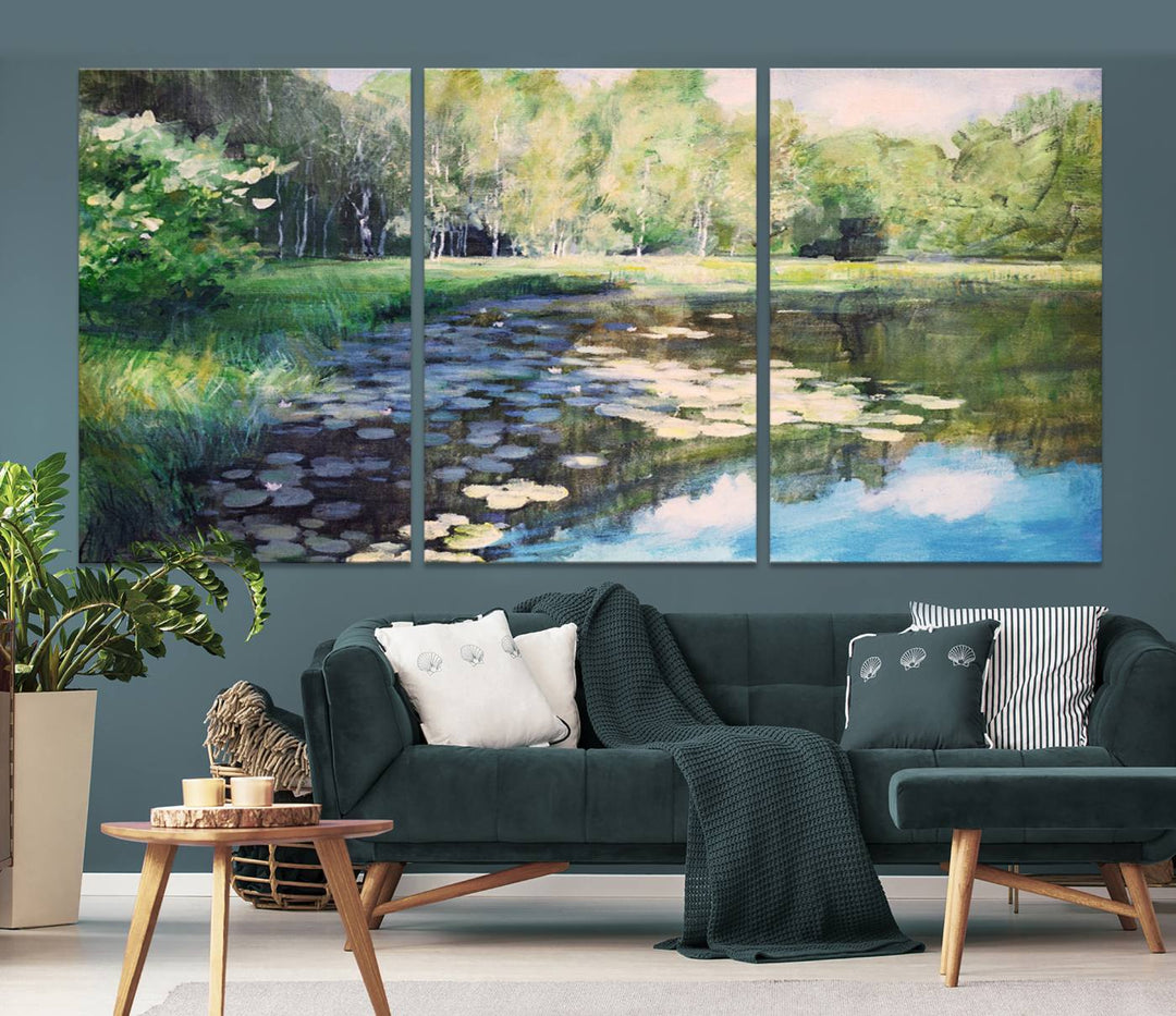 The "Forest Pond River Lake Wall Art Canvas Print" showcases a serene lakeside landscape with trees and water lilies. Crafted on museum-quality canvases and enhanced with UV-protective coating, this piece serves as an elegant addition to any space.