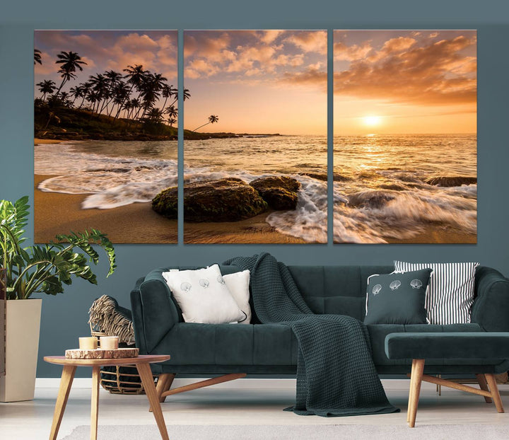 The "Tropical Island Sunset Sunrise Wall Art Canvas Print" is a stunning triptych that showcases a tranquil beach sunset complete with waves and palm trees. Each canvas piece is meticulously hand-assembled and framed using museum-quality polycotton with a UV-protective coating to ensure enduring beauty.