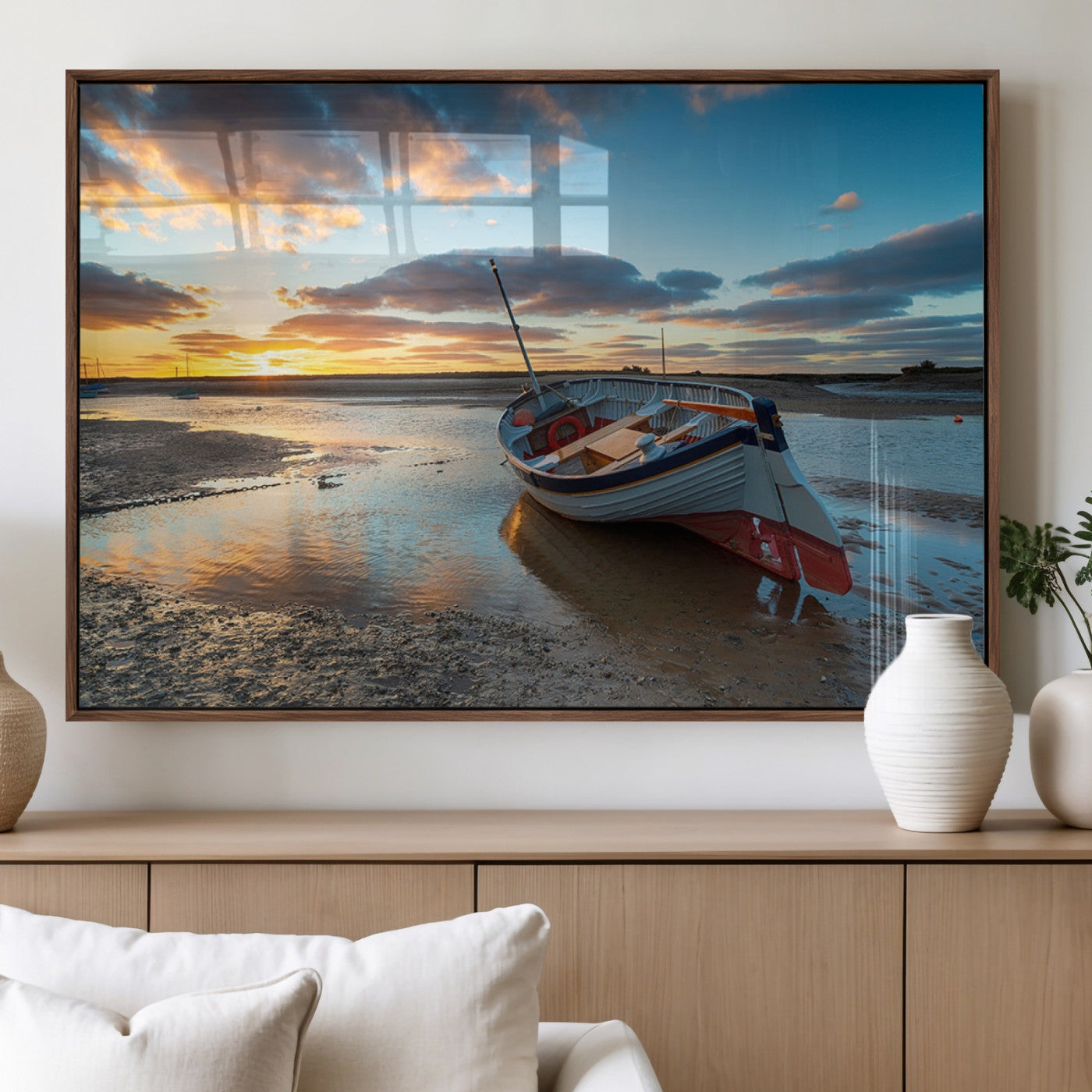 MGV-FP-36X24-3P - Small Boat At The Beach Sunset Wall Art, Boat Sunset Wall Art Canvas Print