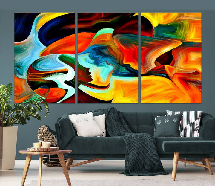 The "Human Love Figures Abstract Wall Art Canvas Print" adds a stylish touch to the dining area, featuring vibrant three-panel artwork on museum-quality canvases with UV-protective coating.