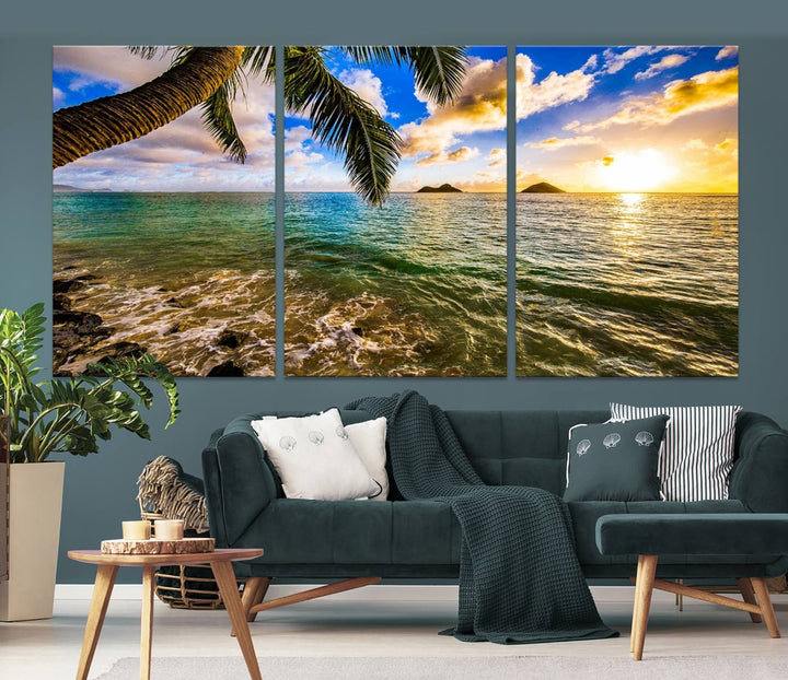 The Sunset Lake View Wall Art Canvas Print, gallery wrapped on a museum-quality canvas, enhances the vibrant living room decor with its UV-protective coating.