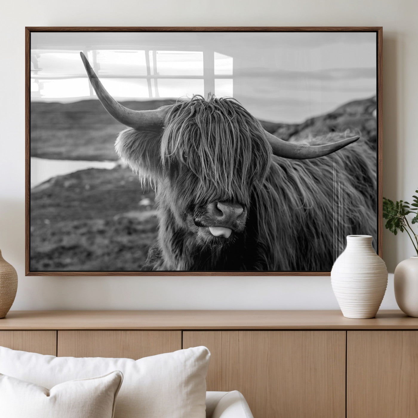 MGV-FP-36X24-3P - Longhorn Steer Canvas Print Wall Art, Highland Cow Canvas Wall Art – Black and White Animal Portrait