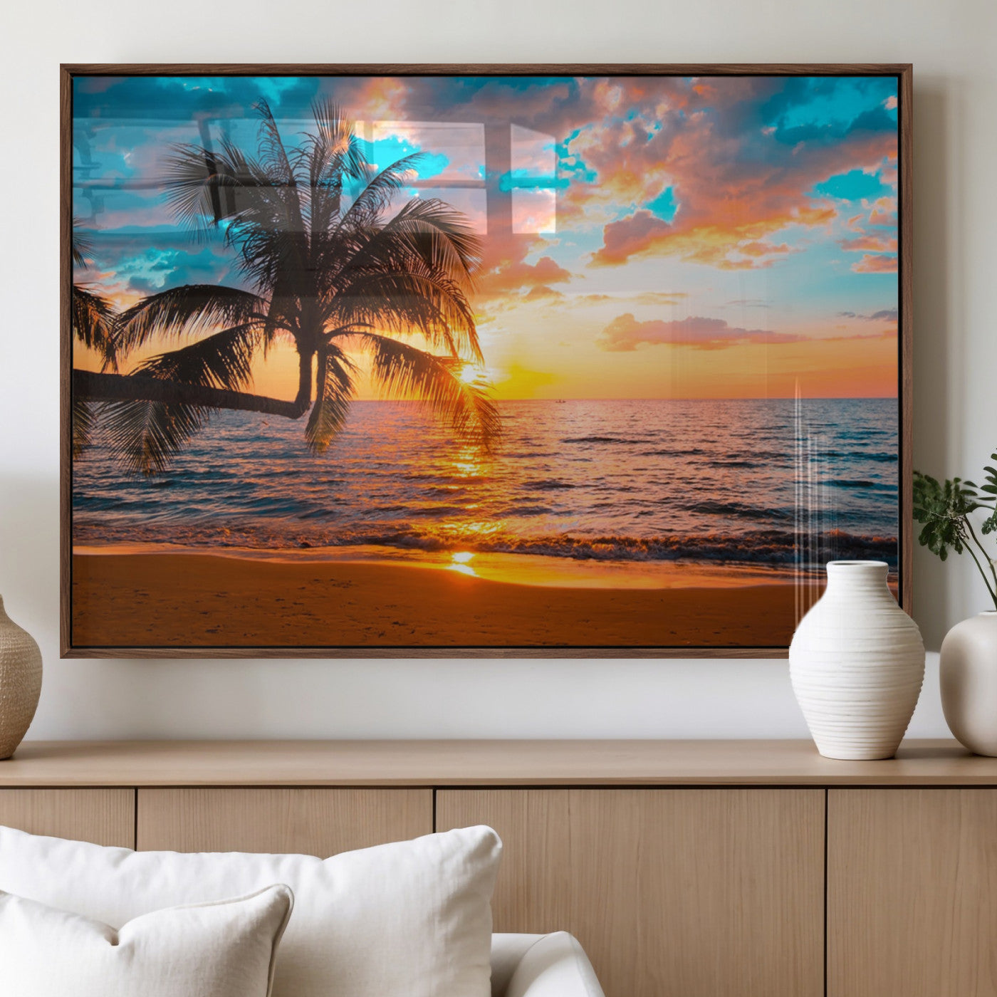 34674-MGV-FP-36X24-3P_Walnut-Palm Tree Sunset On The Beach Wall Art Canvas, Framed Palm Tree Sunset Canvas Print