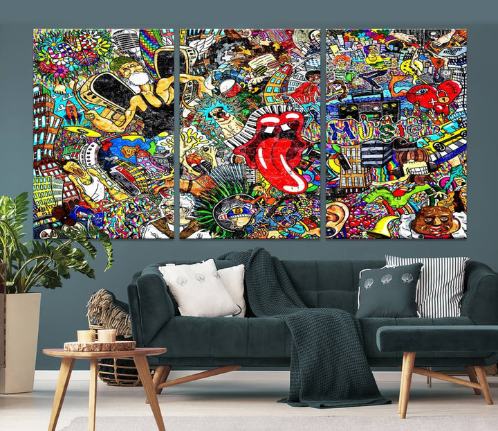 The Crazy Colors Music Vibes Wall Art Canvas Print showcases vibrant multi-panel abstract designs with colorful details on museum-quality canvas and is protected by a UV-coating.