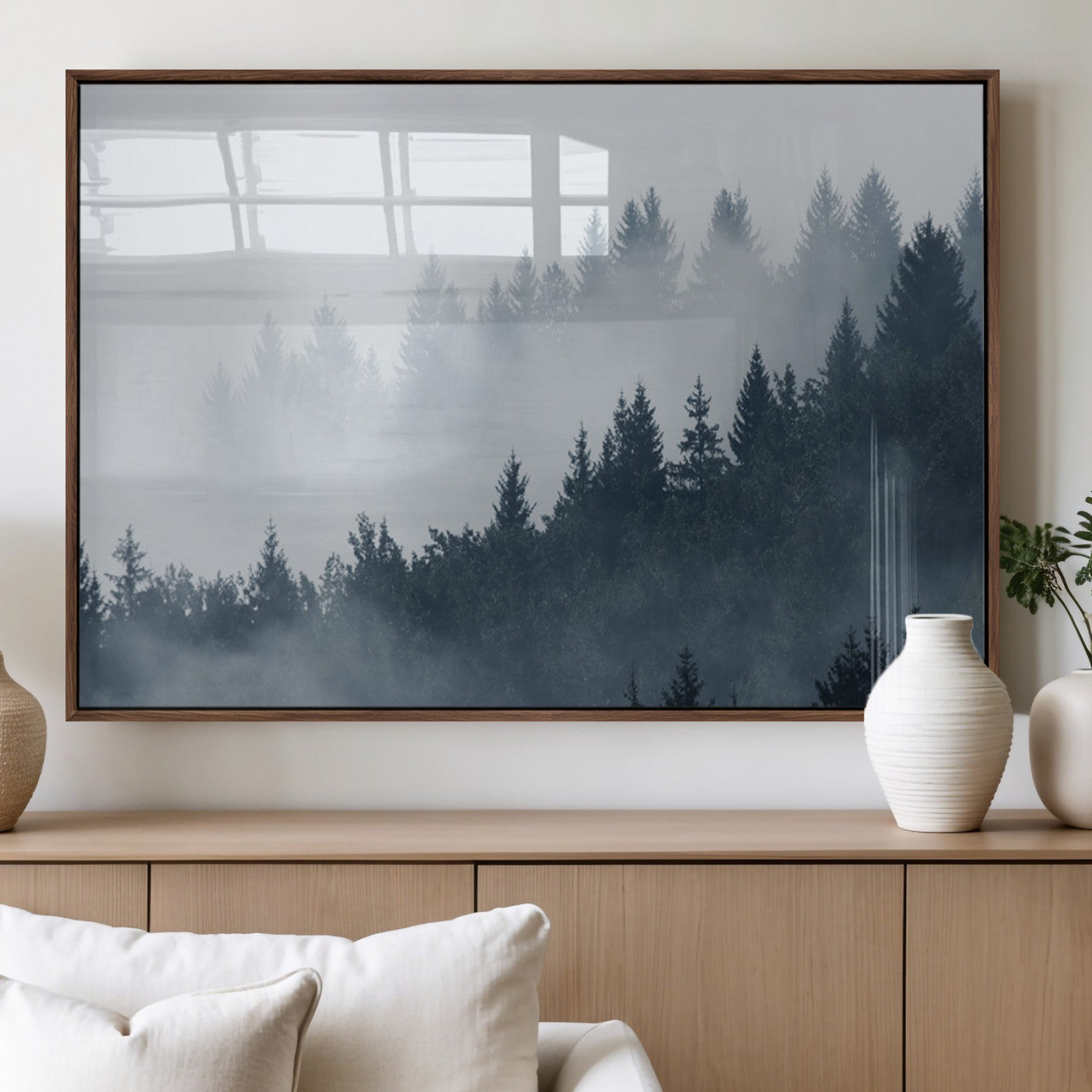 MGV-FP-36X24-3P - Misty Forest Wall Art Print – Foggy Pine Tree Canvas Print – Dark Woodland Nature Artwork – Perfect for Minimalist and Modern Home Decor