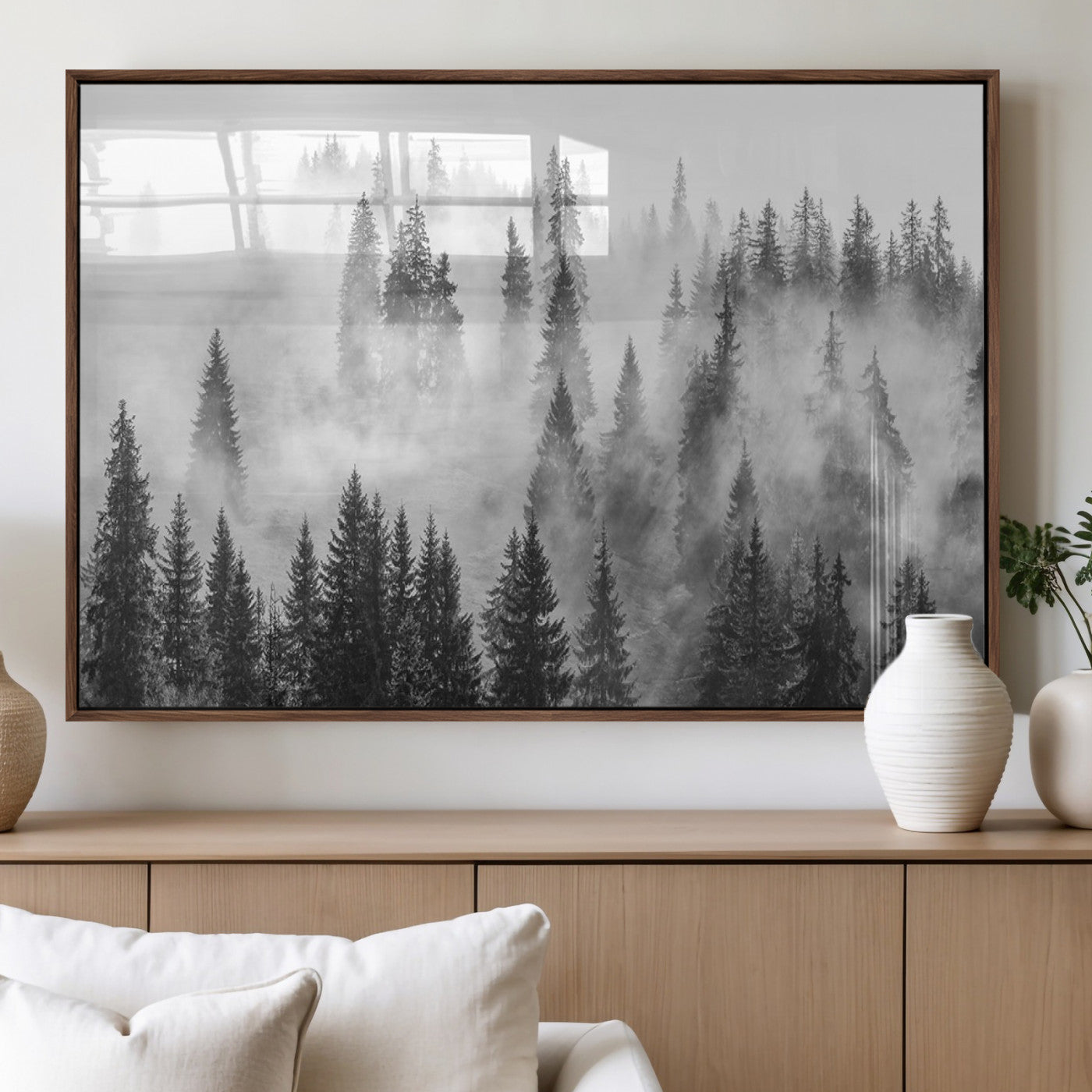 MGV-FP-36X24-3P - Forest Wall Art Print | Foggy Pine Forest Canvas Wall Art - Black and White Nature-Inspired Decor for Living Room, Modern Forest Landscape Print, Ready to Hang