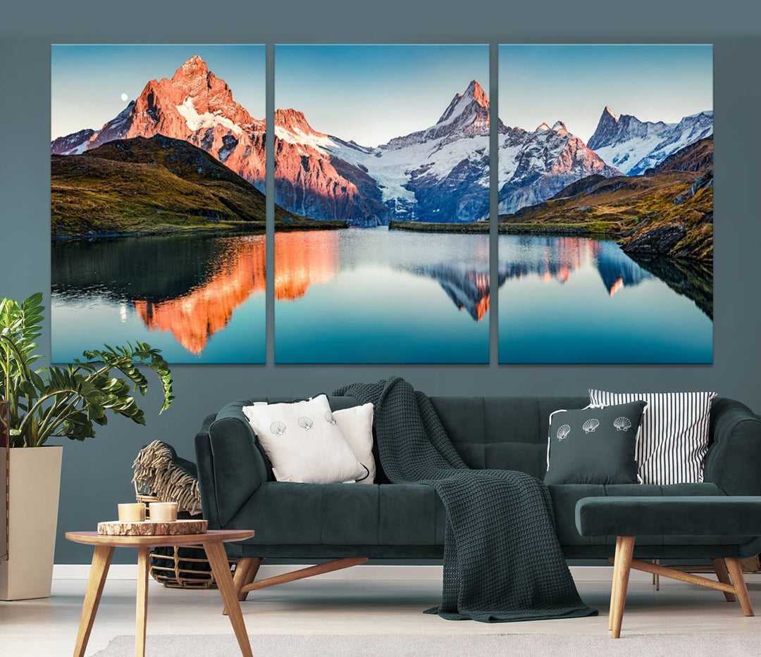 The living room features the Landscape Mountain and Lake View Wall Art Canvas Print. This triptych is expertly handmade in the USA on museum-quality canvas and includes a UV-protective coating to ensure lasting beauty.