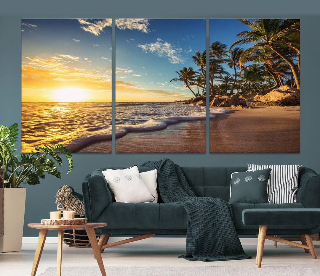 The wall features a Sunset Ocean View Beach Canvas Print, showcasing museum-quality craftsmanship by professional artisans.