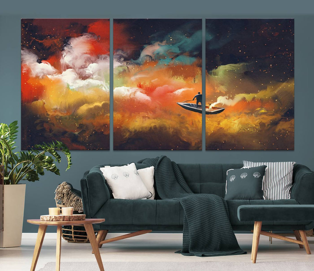 The "Surreal Space Adventure Canvas Wall Art" is a dreamlike abstract galaxy print with an astronaut among clouds, inviting you on a space adventure. This stunning piece comes framed and ready to hang, making it perfect for enhancing living room or bedroom decor.