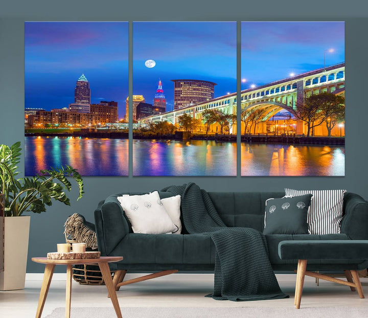 The Cleveland Night Skyline Wall Art City Cityscape Canvas Print portrays a city skyline and bridge lit up against the night sky. This artwork is printed on museum-quality canvas with a gallery-wrapped finish and features a UV-protective coating to ensure lasting vibrancy.