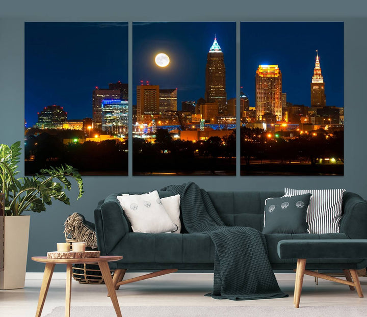 The "Cleveland Night Skyline Wall Art City Cityscape Canvas Print" adds elegance to the room with its depiction of a city skyline and full moon on museum-quality canvas. The artwork is enhanced by a UV-protective coating to ensure lasting brilliance.