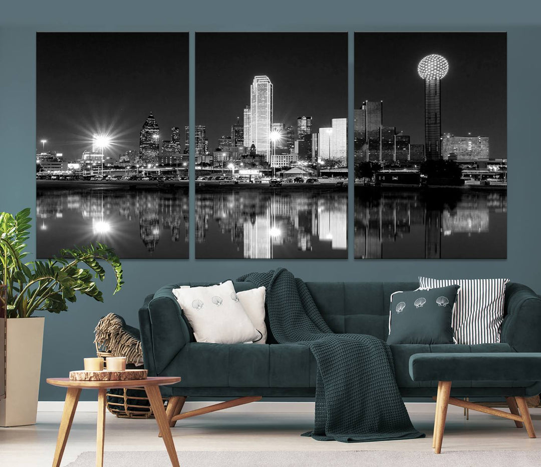 The living room showcases the Dallas City Lights Skyline Black and White Wall Art Cityscape Canvas Print. This museum-quality artwork is ready to hang and features a UV-protective coating to maintain its vibrant colors.