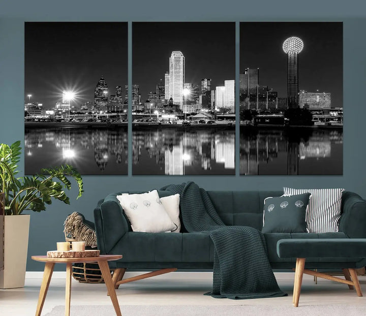 The Dallas City Lights Skyline Black and White Wall Art Cityscape Canvas Print is a striking addition to any space. These museum-quality canvases feature a UV-protective coating to maintain their beauty over time. Enjoy the convenience of free shipping when you choose this elegant piece for your home.