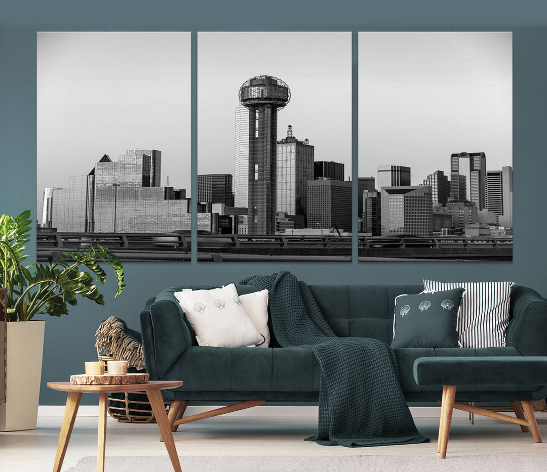 The Dallas City Lights Skyline Black and White Wall Art is elegantly displayed on museum-quality canvas.