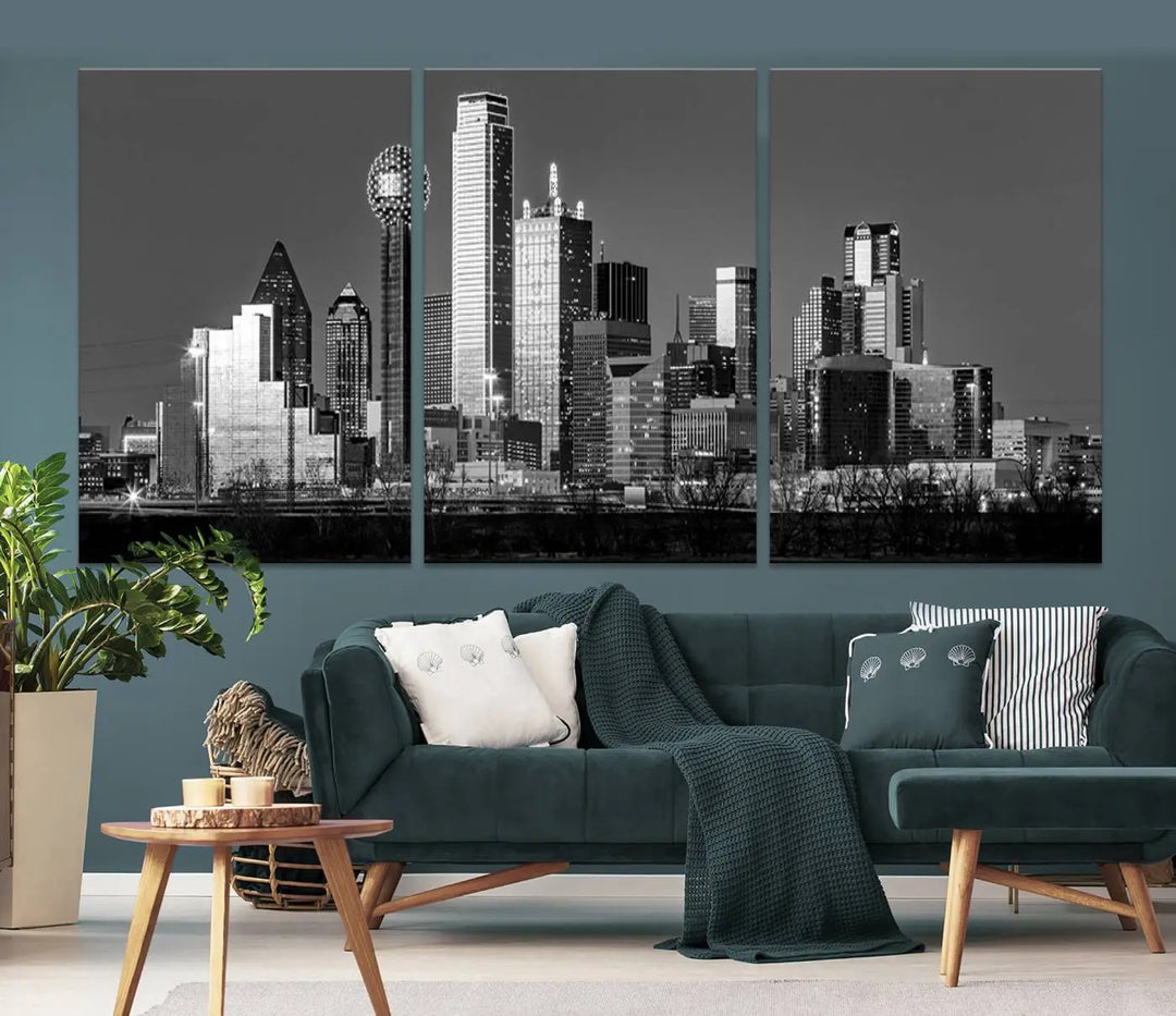 A black and white triptych of the Dallas city skyline is displayed, crafted on museum-quality canvas. This wall art piece is ready to hang, with each component adorned with a UV-protective coating to maintain its captivating appeal.