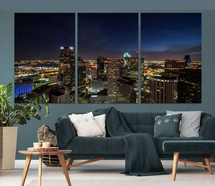 A living room showcasing a Dallas City Lights Night Skyline Cityscape View Wall Art Canvas Print, a three-panel artwork on museum-quality canvas with vibrant colors and durability.