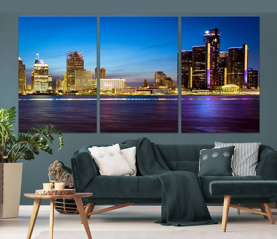 The living room features a breathtaking canvas print titled "Detroit City Lights Night Bright Blue Skyline Cityscape View," presented in a stunning triptych format on museum-quality canvases that are ready to hang.