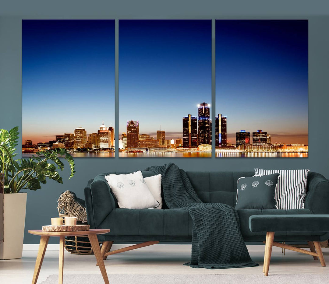 The Detroit City Lights Sunrise Skyline Cityscape View Wall Art Canvas Print adorns the modern living room. Crafted on museum-quality canvas with a UV-protective coating, this piece is ready to hang and elegantly elevates your décor.