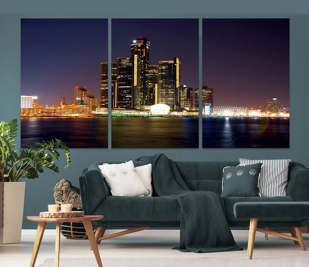 The Detroit City Lights Night Skyline Cityscape View Wall Art Canvas Print, elegantly split into three panels, is made from museum-quality pollycotton and gallery wrapped for a sophisticated touch. It is available with free shipping to effortlessly elevate your space.