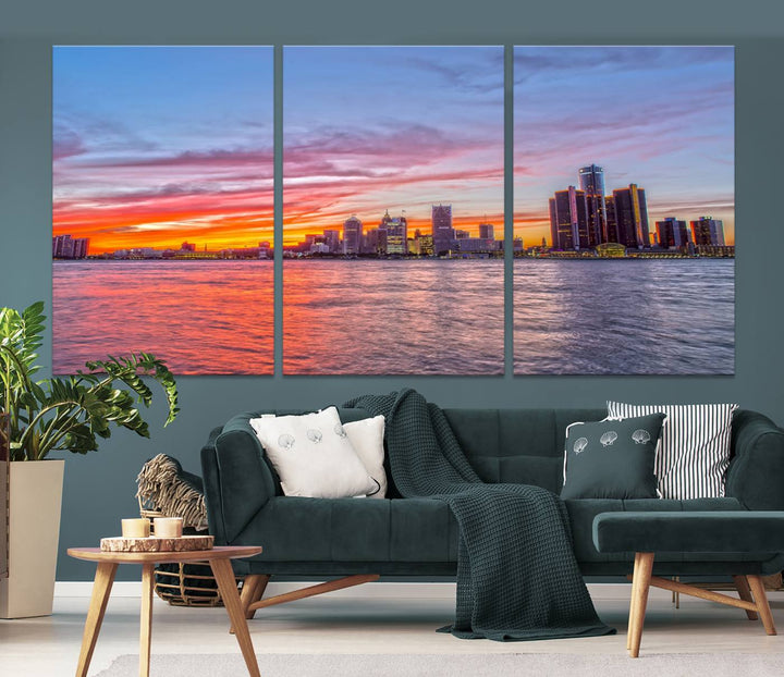 The Detroit City Lights Sunset Colorful Cloudy Skyline Cityscape View Wall Art Canvas Print showcases a vibrant city skyline at sunset over water. The artwork is museum-quality, comes ready to hang, and features a UV-protective coating to preserve its vivid colors.