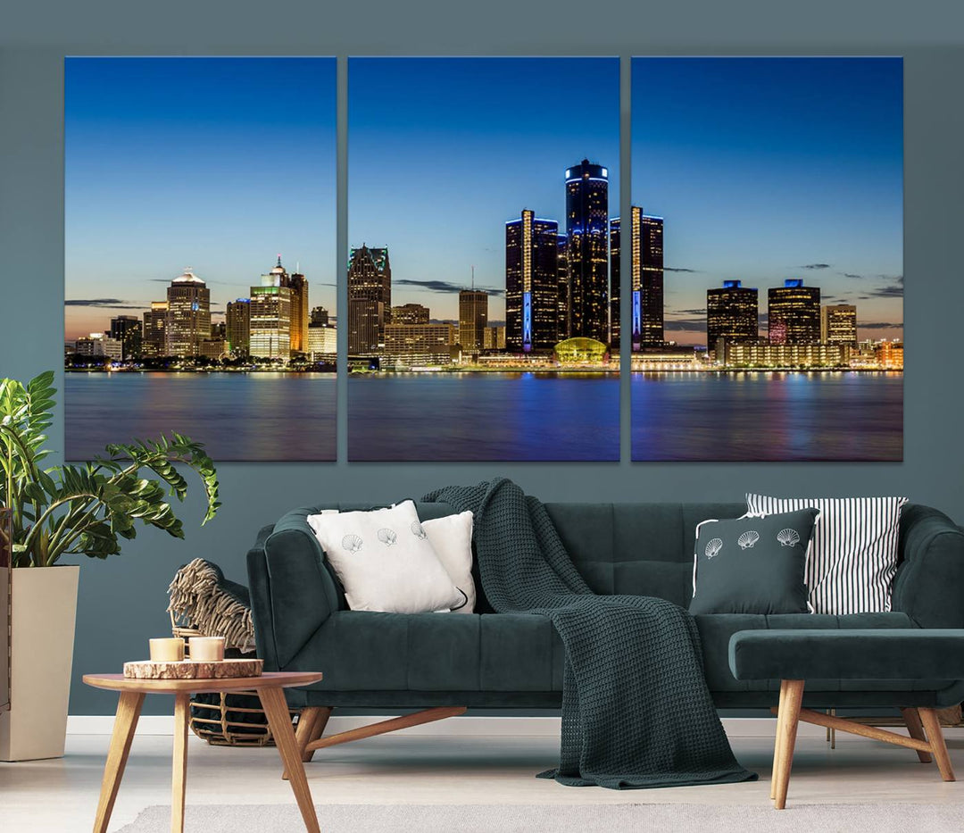 The "Detroit City Lights Sunrise Skyline Cityscape View Wall Art Canvas Print" on the wall is a triptych gallery-wrapped on museum-quality canvas, adding an elegant touch to the space.