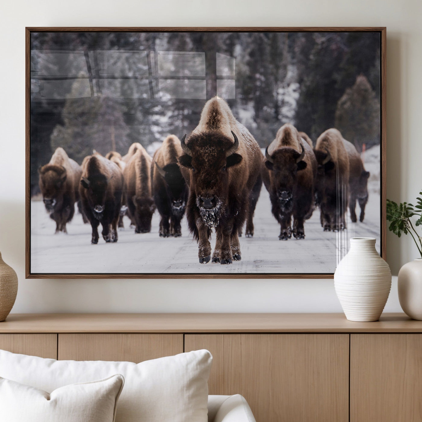 MGV-FP-36X24-3P - Bison Wall Art Canvas Print- Bison Herd Canvas Wall Art – Majestic Wildlife Photography – Framed and