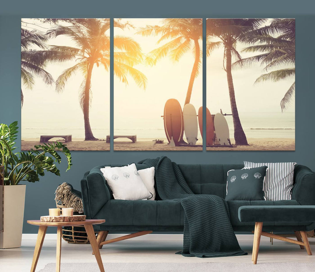 Surfboard and Palm Tree on Beach Double Exposure with Colorful Bokeh Sunset Light Wall Art Canvas