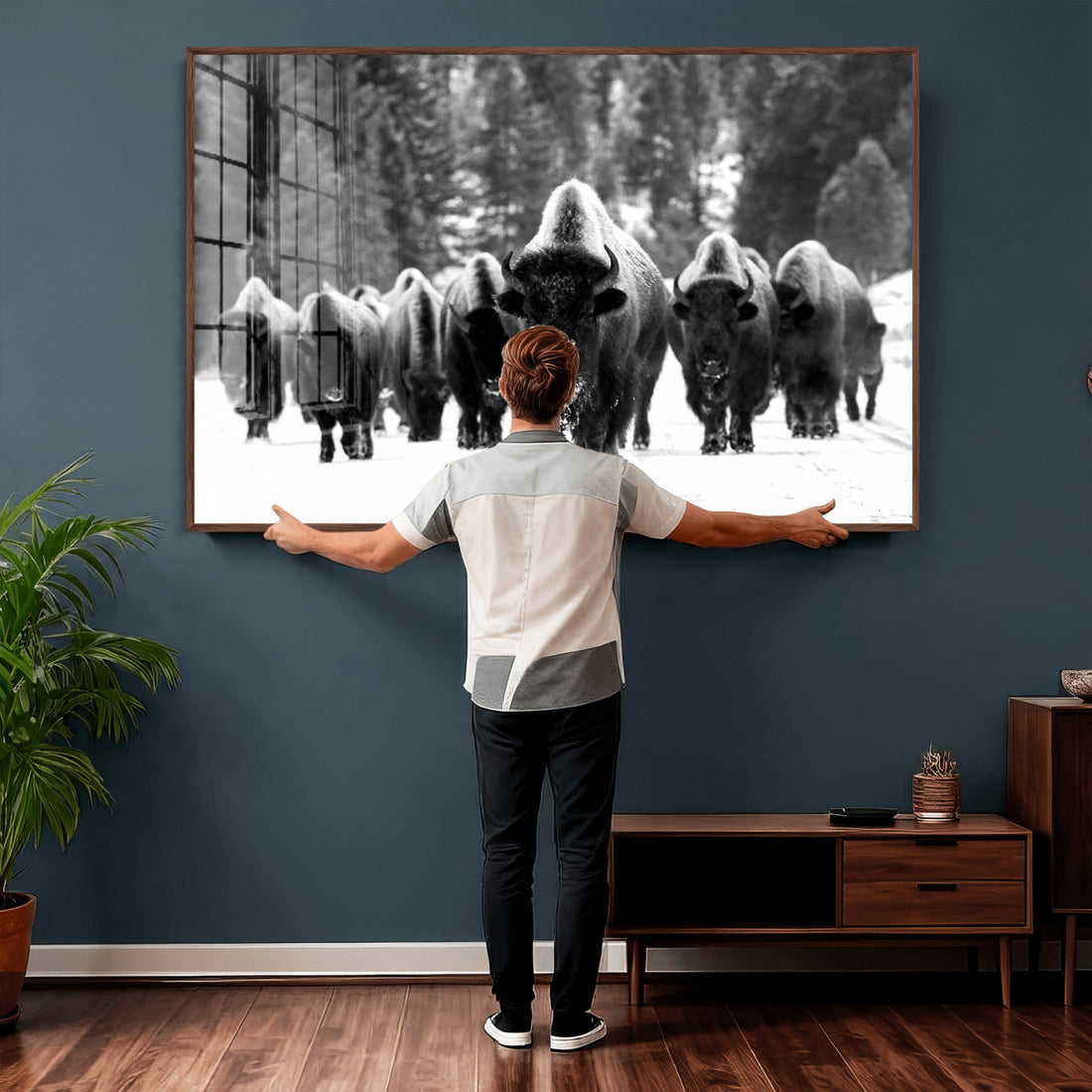 Bison Herd in Snow Wall Art Canvas Print | Rustic Western Bison Wall Art for Living Room