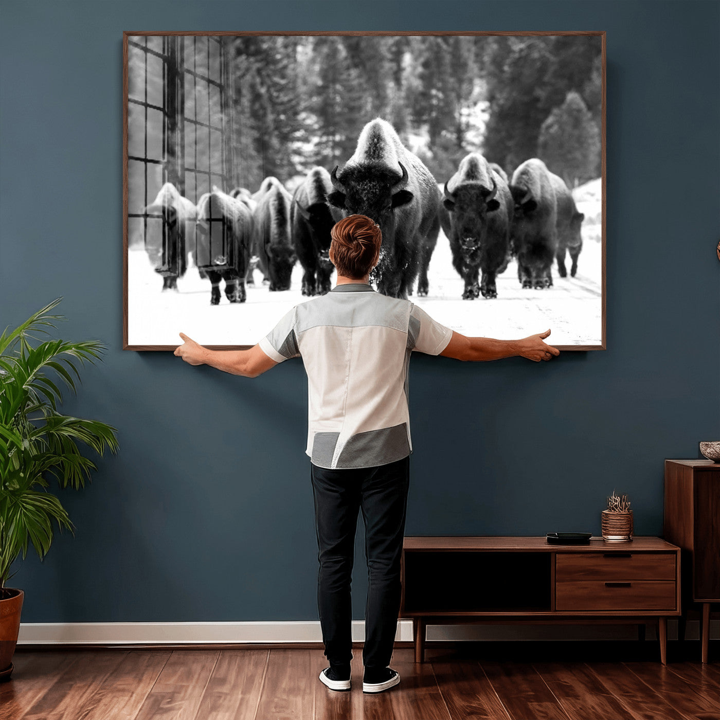 62434-MGV-CV-36X24 - Bison Herd in Snow Wall Art Canvas Print | Rustic Western Bison Wall Art for Decor for Living Room