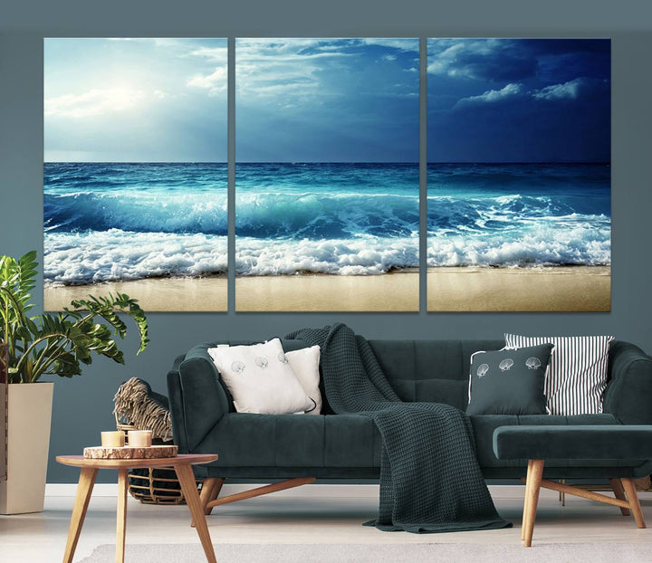 Impresiones en lienzo de playa, paisaje marino, foto náutica, lienzo costero, lienzo de olas de mar, arte de pared extragrande, decoración de pared de playa