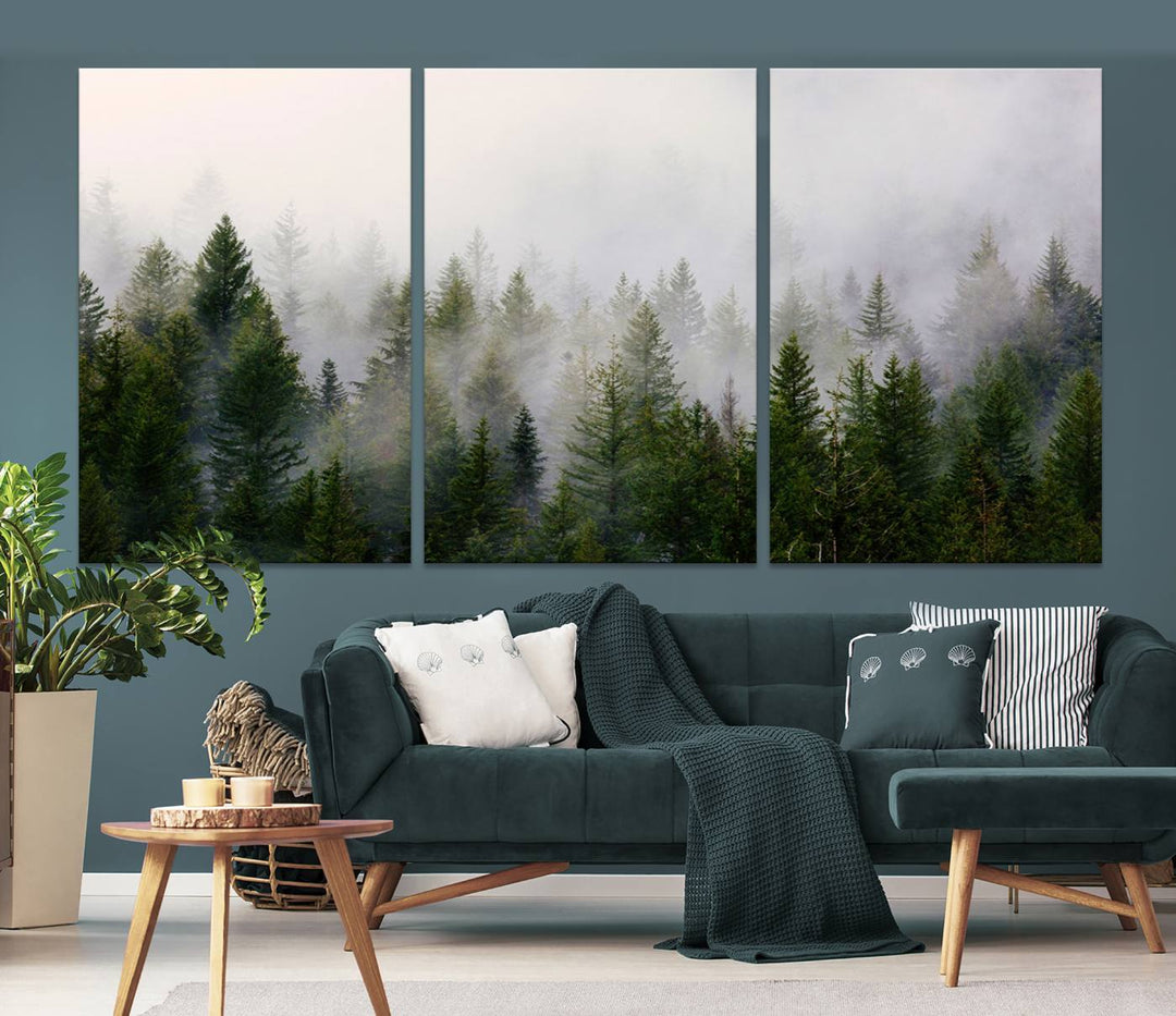 A 3-panel Misty Pine Forest Wall Art Canvas Print, featuring a green woodland scene, adorns the wall.