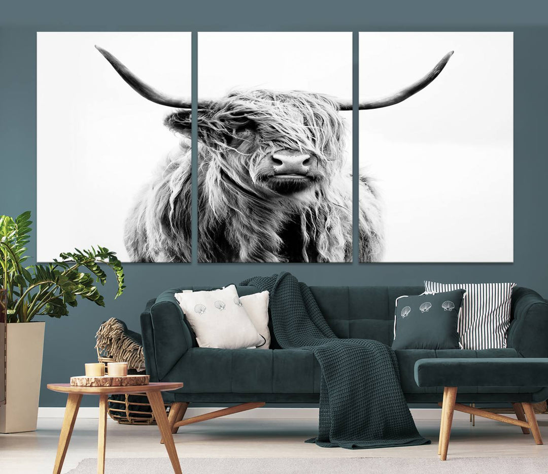 Lienzo de vaca de las Tierras Altas, arte de pared, decoración de granja, vaca, impresión en blanco y negro, decoración de pared rústica, pintura de animales, pared de vaca escocesa